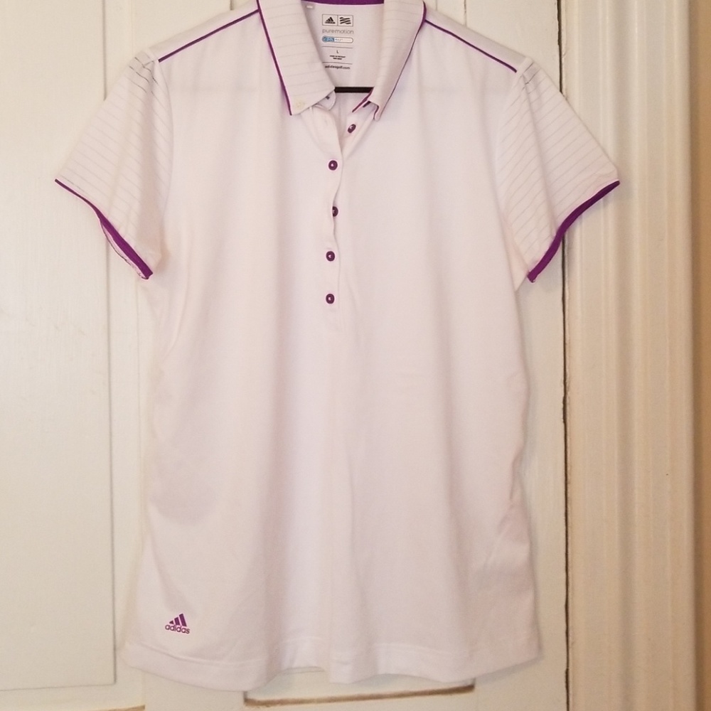Adidas white and purple ruched golf shirt